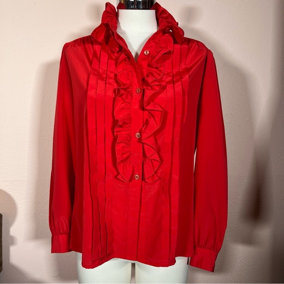Vintage 70 80 Lilli Ann Retro Victorian Red Ruffle Front Feminine Tuxedo shirt - Picture 4 of 17